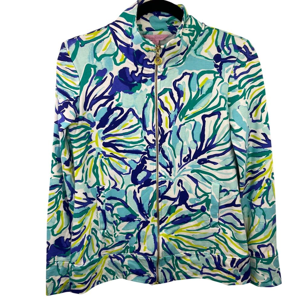 Lilly Pulitzer, Reagan Full-Zip Jacket, Pool Blue Green Stay Cool Cotton Spandex - Picture 2 of 12